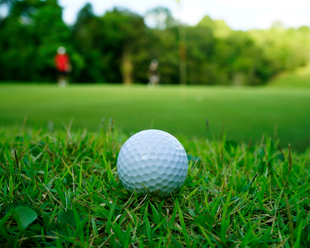 A golf ball lying on a bed of green grass, golfers off in the distance.